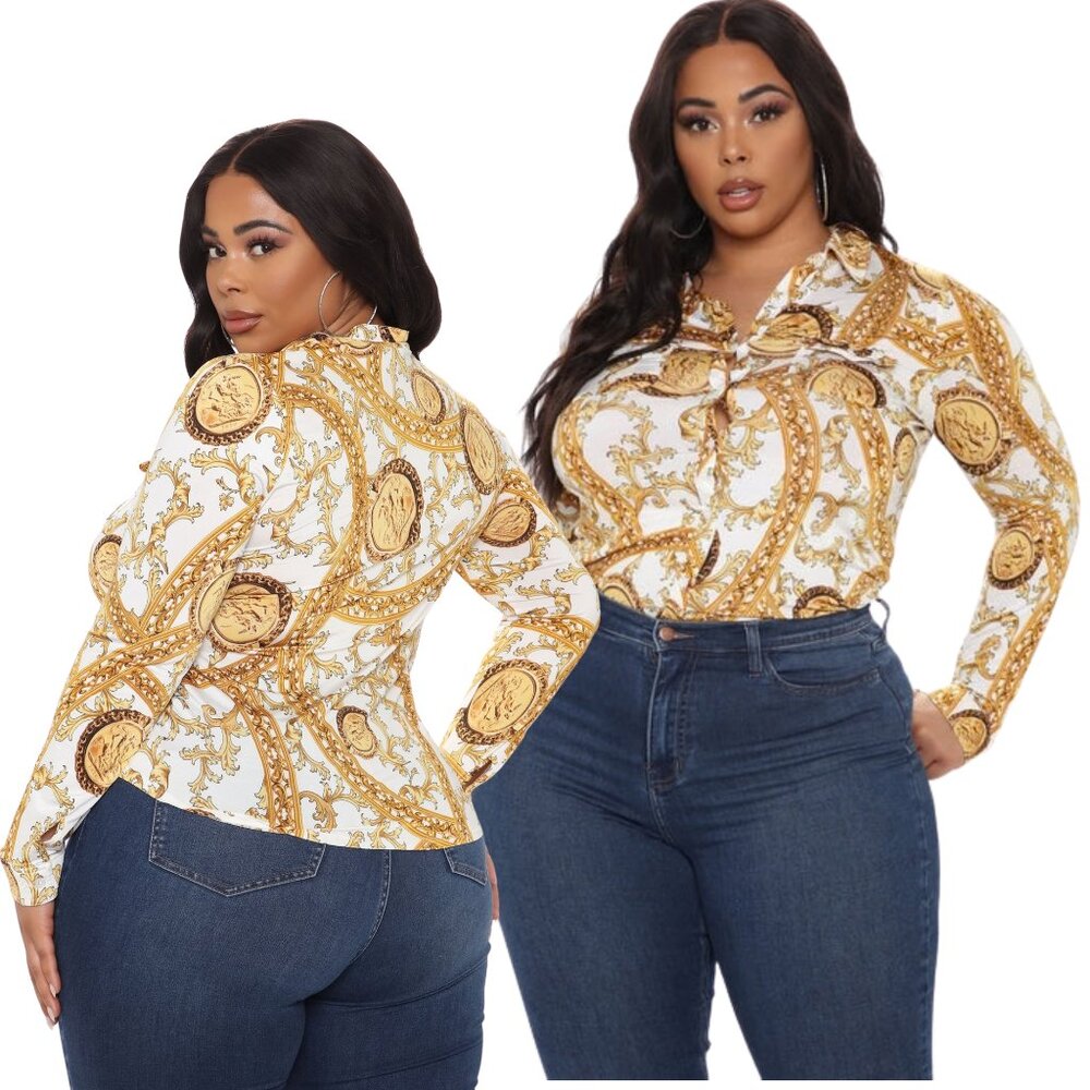 🔥 NWT Fashion Nova Baroque Gold Print Button Down Shirt 3X
